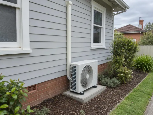 Outdoor air conditioner unit on a concrete pad beside a grey weatherboard house in Edwardstown